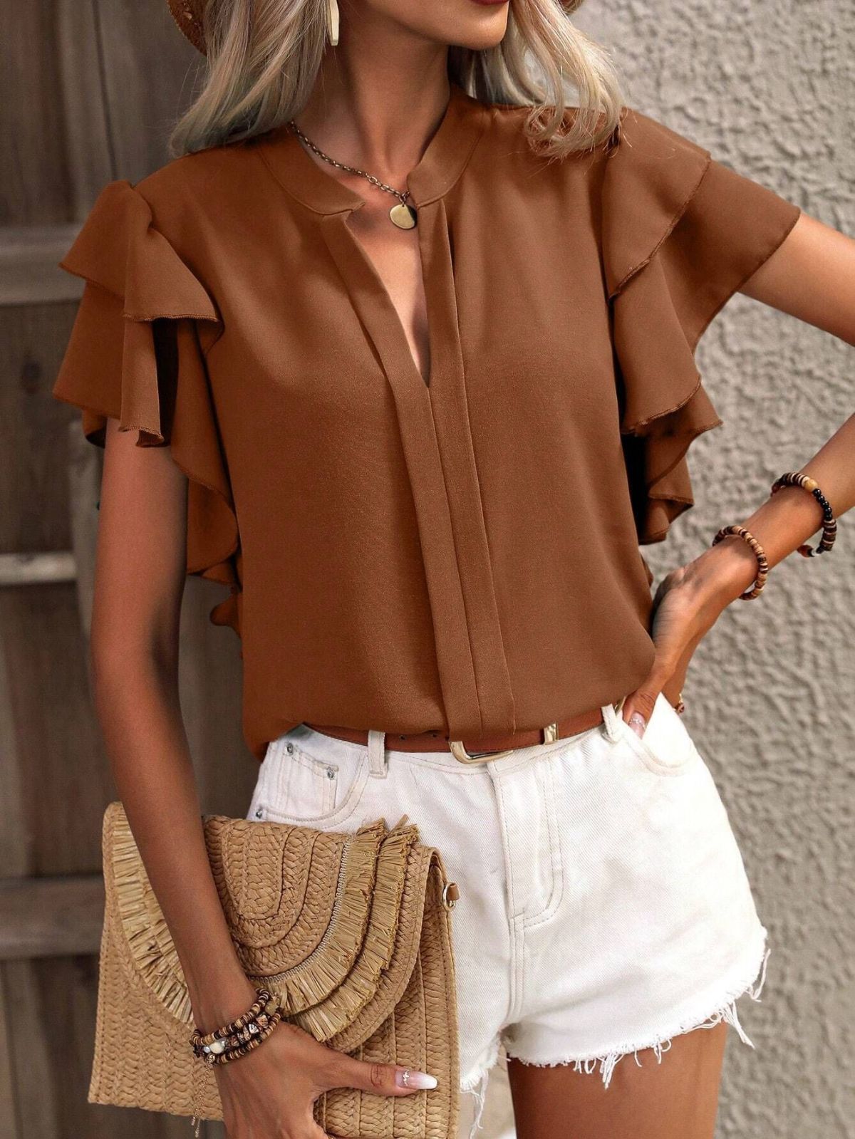 Blusa informal de verano para mujer, color liso, con cuello en V y mangas de hoja de loto de doble capa
