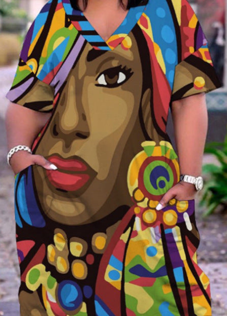 Vestido informal holgado multicolor con cuello en V, manga corta y largo medio para mujer