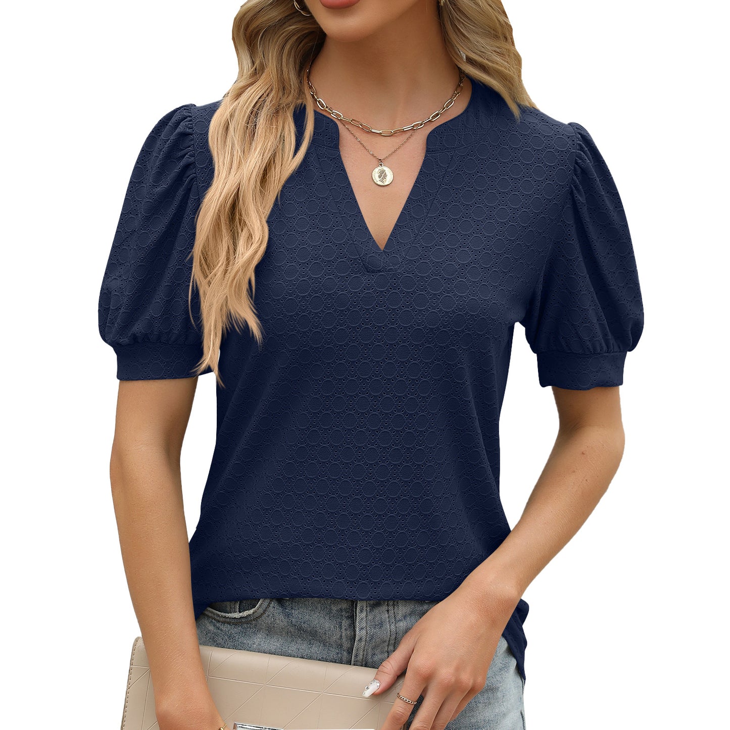 Blusa informal de verano para mujer, holgada, con escote en V, mangas abullonadas y plisada de manga corta