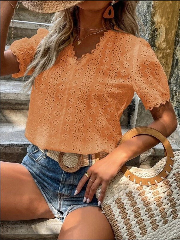 Blusa informal de verano para mujer, color liso, manga corta, hueca