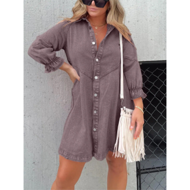 Fashion Casual Women Puff Sleeve Loose Lapel Denim Dress