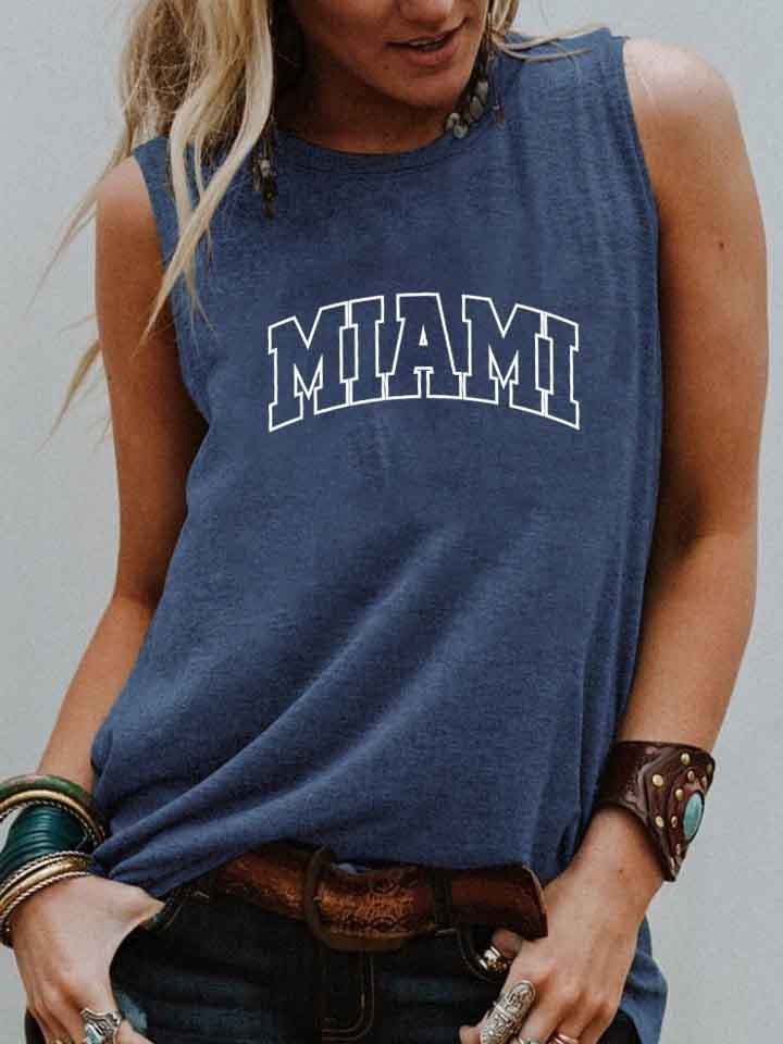 Women Simple Casual Letter Print Round Neck Sleeveless Tank Top