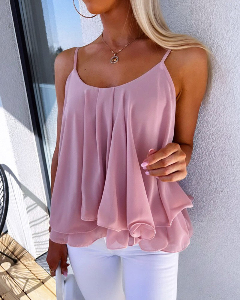 Women Fashion Casual Loose Chiffon Solid Color Spaghetti Strap Tank Top