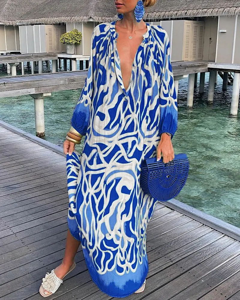 Autumn Women Graphic Printed Pullover Long-Sleeved V-Neck Loose Casual Maxi Dress