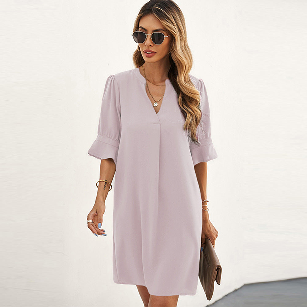 Summer Women Loose Casual Solid Color V-Neck Chiffon Dress