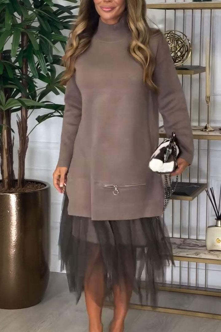 Women Fashion Casual Long Sleeve Mesh Stitching Dress