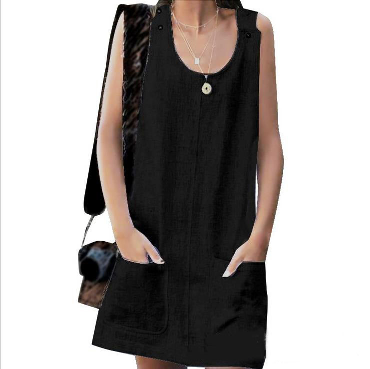 Summer Women Casual Solid Color Pocket Loose Dress