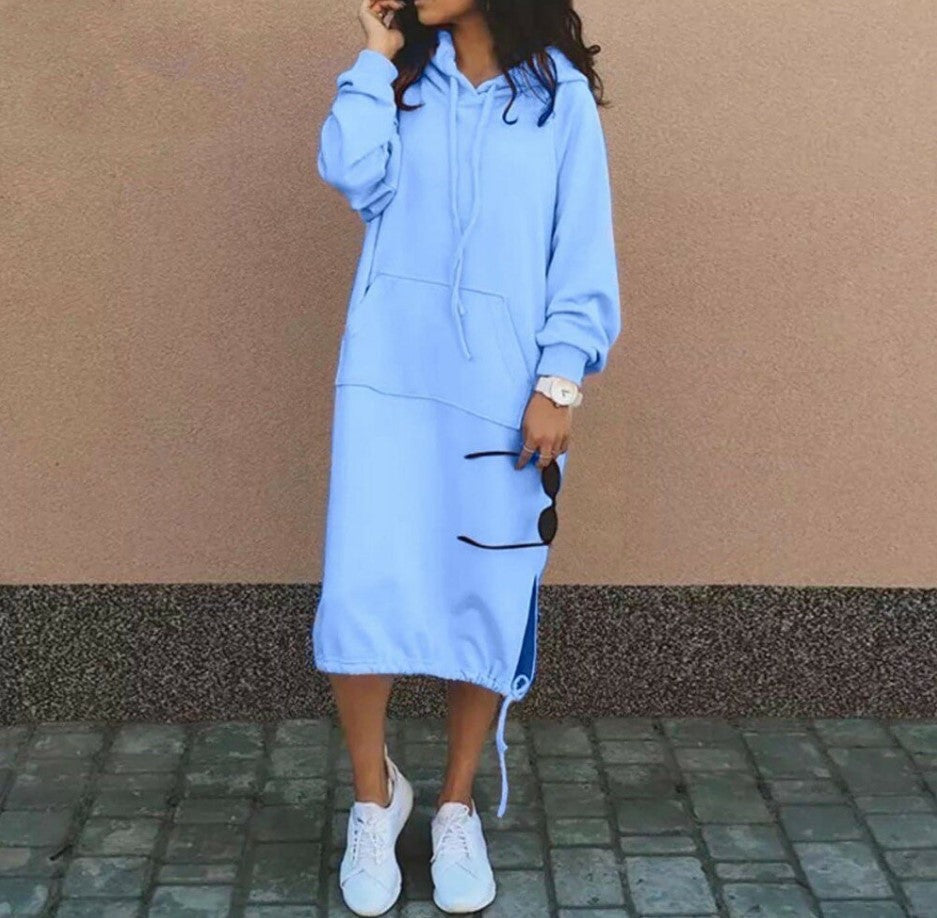 Women Fashion Casual Winter Solid Color Plus Size Hooded Long Sleeve Sweatshirt Dress