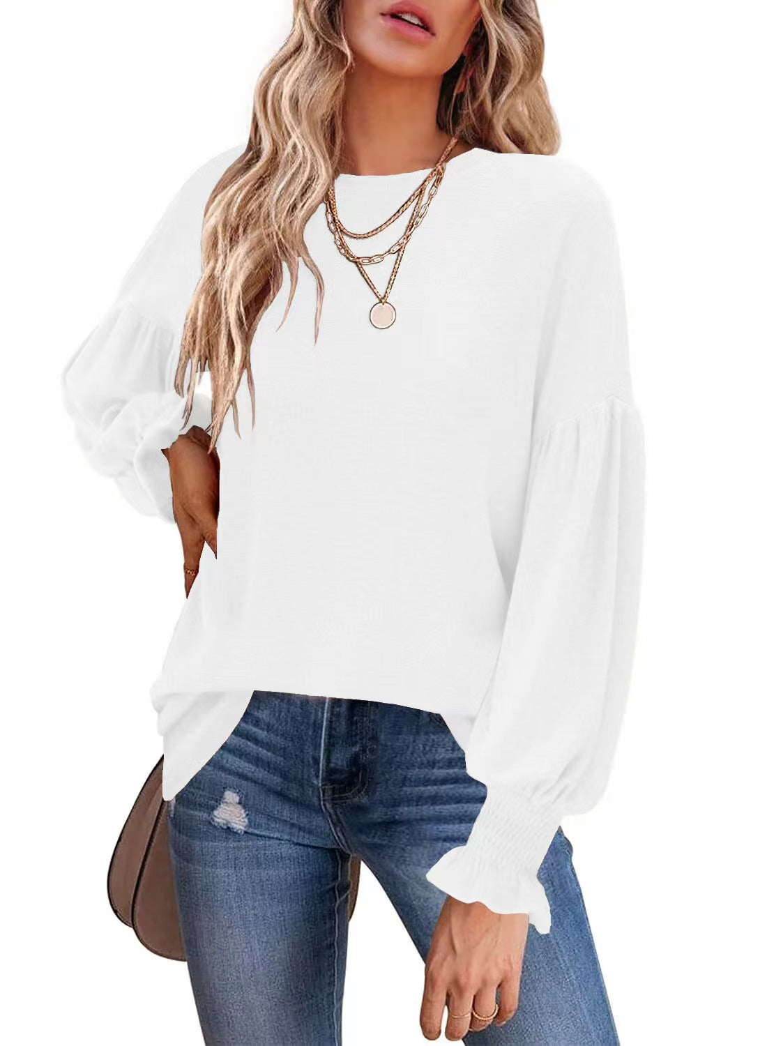 Camiseta informal de cuello redondo y mangas farol para mujer