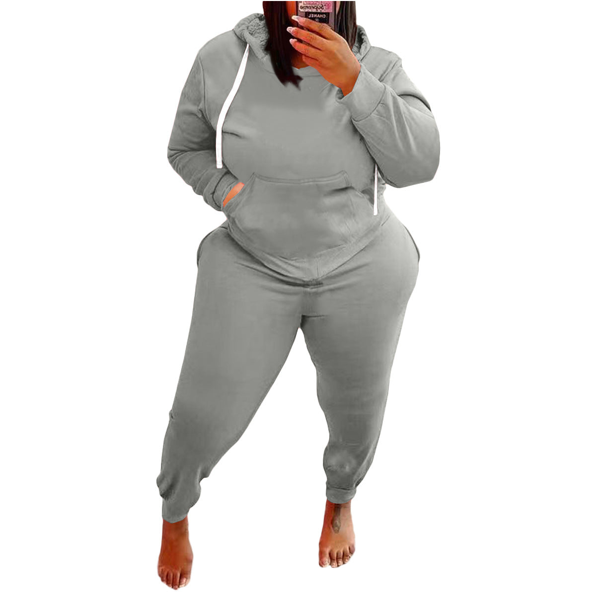 Conjunto de dos piezas con sudadera y pantalones de color liso para mujer, informal, de talla grande