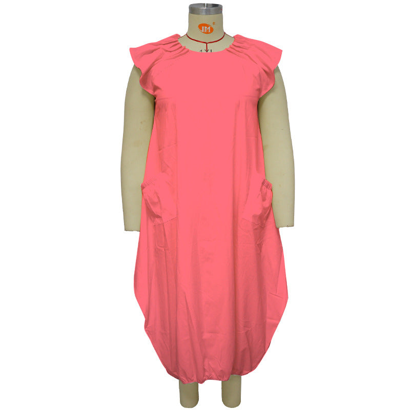 Vestido holgado informal de talla grande con mangas casquillo y volantes de color liso a la moda para mujer