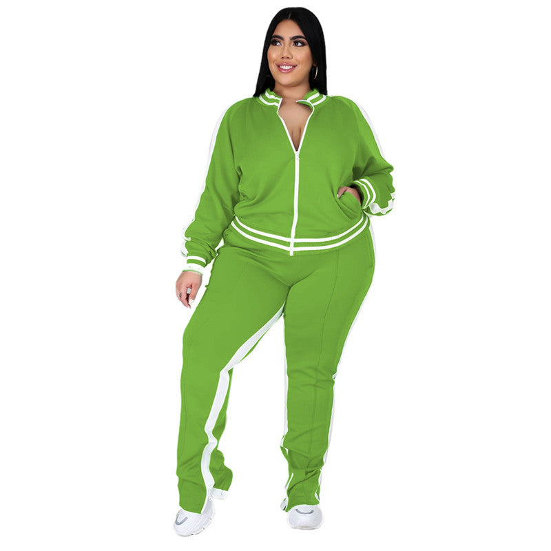 Conjunto de top y pantalón deportivo informal de talla grande para mujer, de manga larga, con cremallera y bloques de color