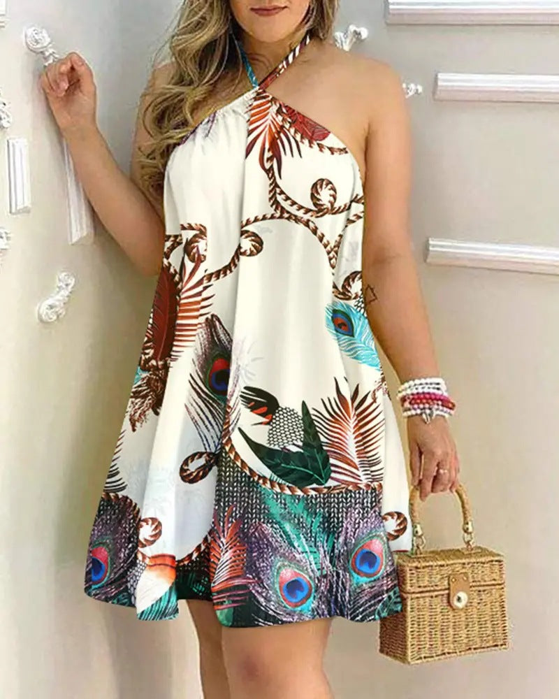 Women Elegant Vintage Casual Summer Halter Neck Lace Loose Loose Dress
