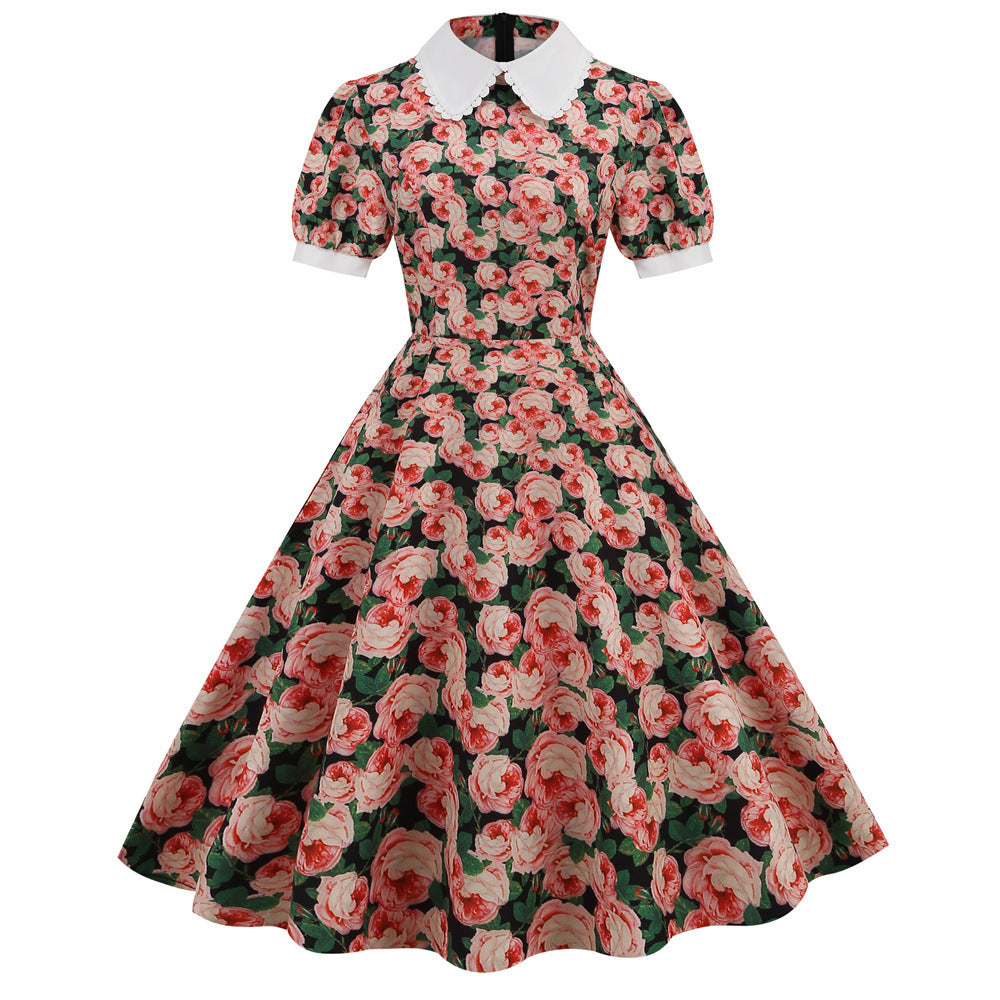 Women Vintage Summer Floral Printed Short-Sleeved Doll Collar Casual Large Swing Dress