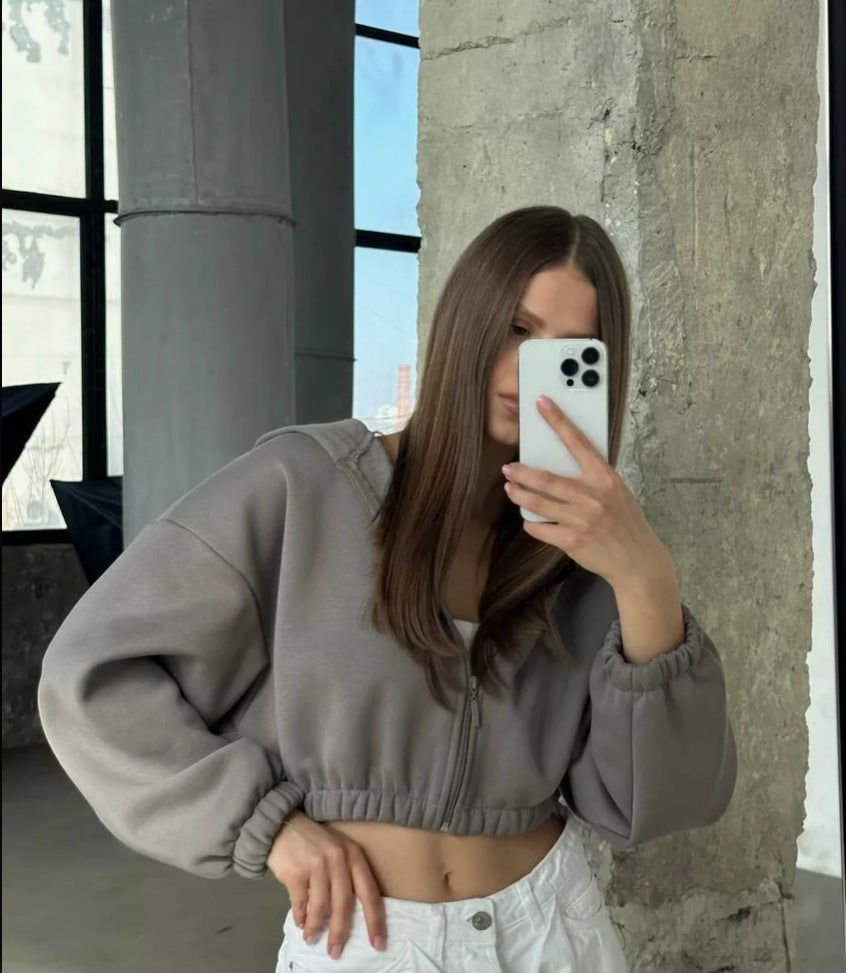 Sudadera con capucha informal de manga larga con cremallera y color liso para mujer