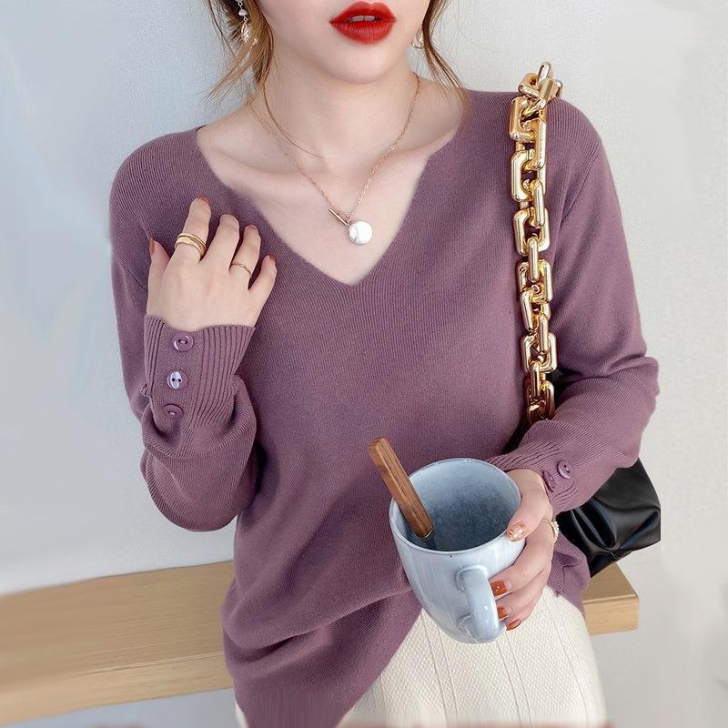 Women Casual Solid Color V-Neck Knitted Long Sleeve Sweater