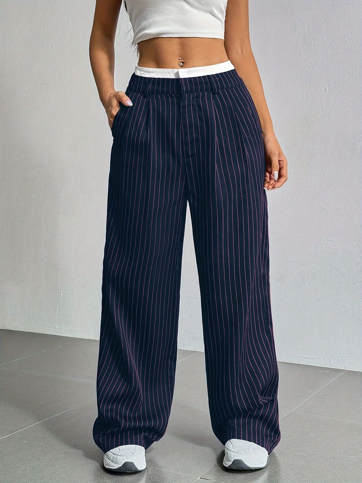 Women Casual Solid Color Stripe High Waist Loose Pants