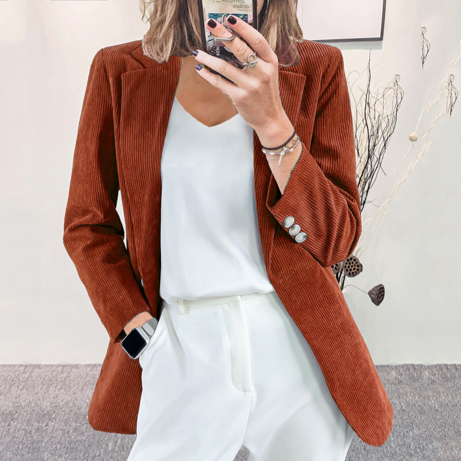 Women Fashion Casual Solid Color Corduroy Lapel Long-Sleeve Slim-Fit Jacket