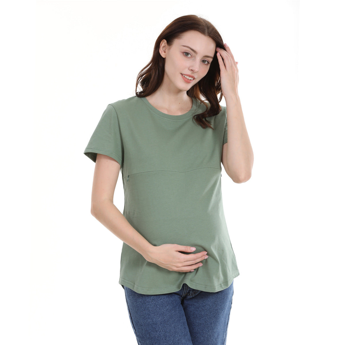 Camiseta informal de algodón de manga corta con cremallera para mujer embarazada y lactante