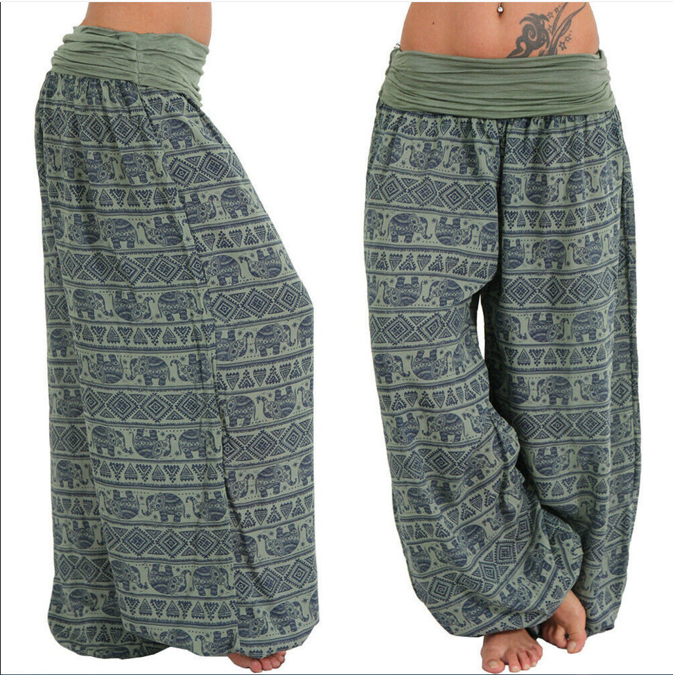 Women Casual Loose Printed High Waist Plus Size Wide Leg Pants