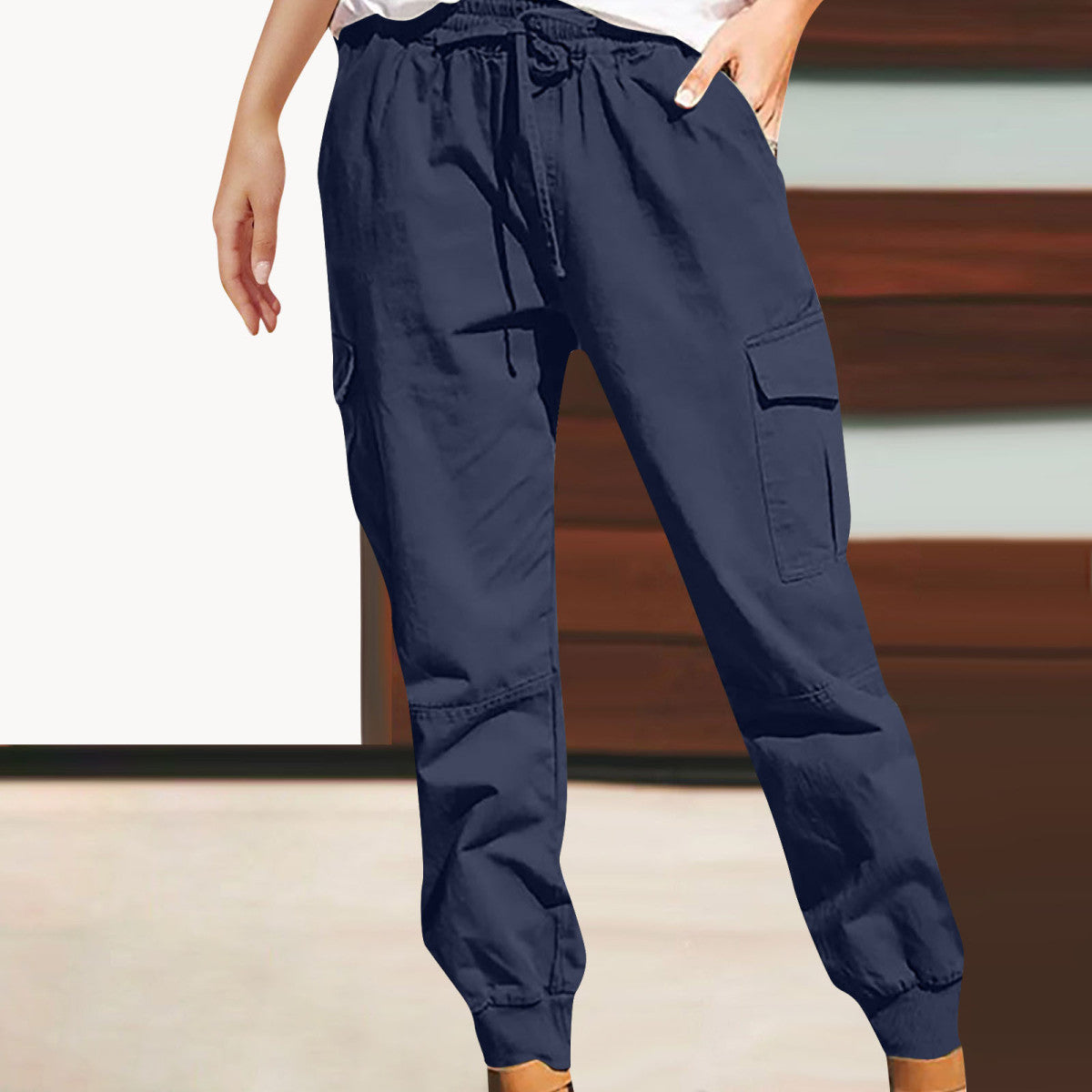 Women Solid Color Casual Fashion Pocket Lace-Up High Waist Pants