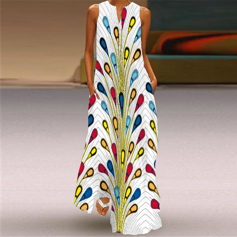 Women Summer Loose Casual V-Neck Sleeveless Printing Maxi Dress
