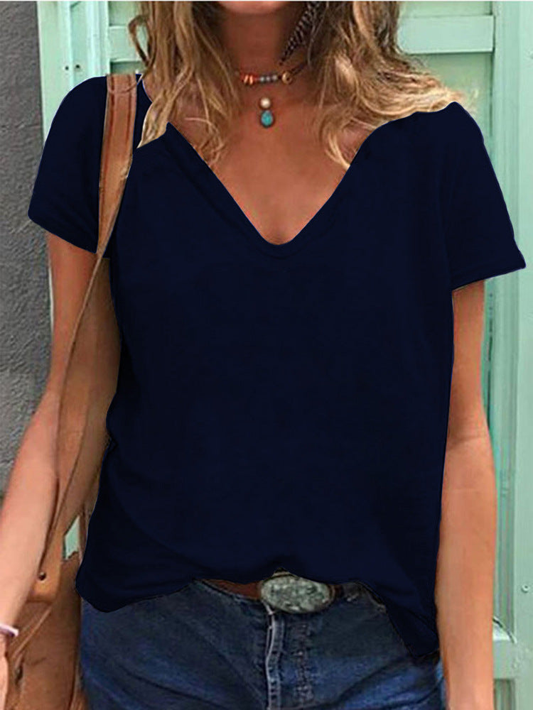Women Casual Loose Plus Size V-Neck Short-Sleeved Solid Color Blank T-Shirt