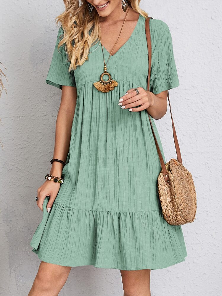 Vestido informal holgado de manga corta con cuello en V y volantes para mujer