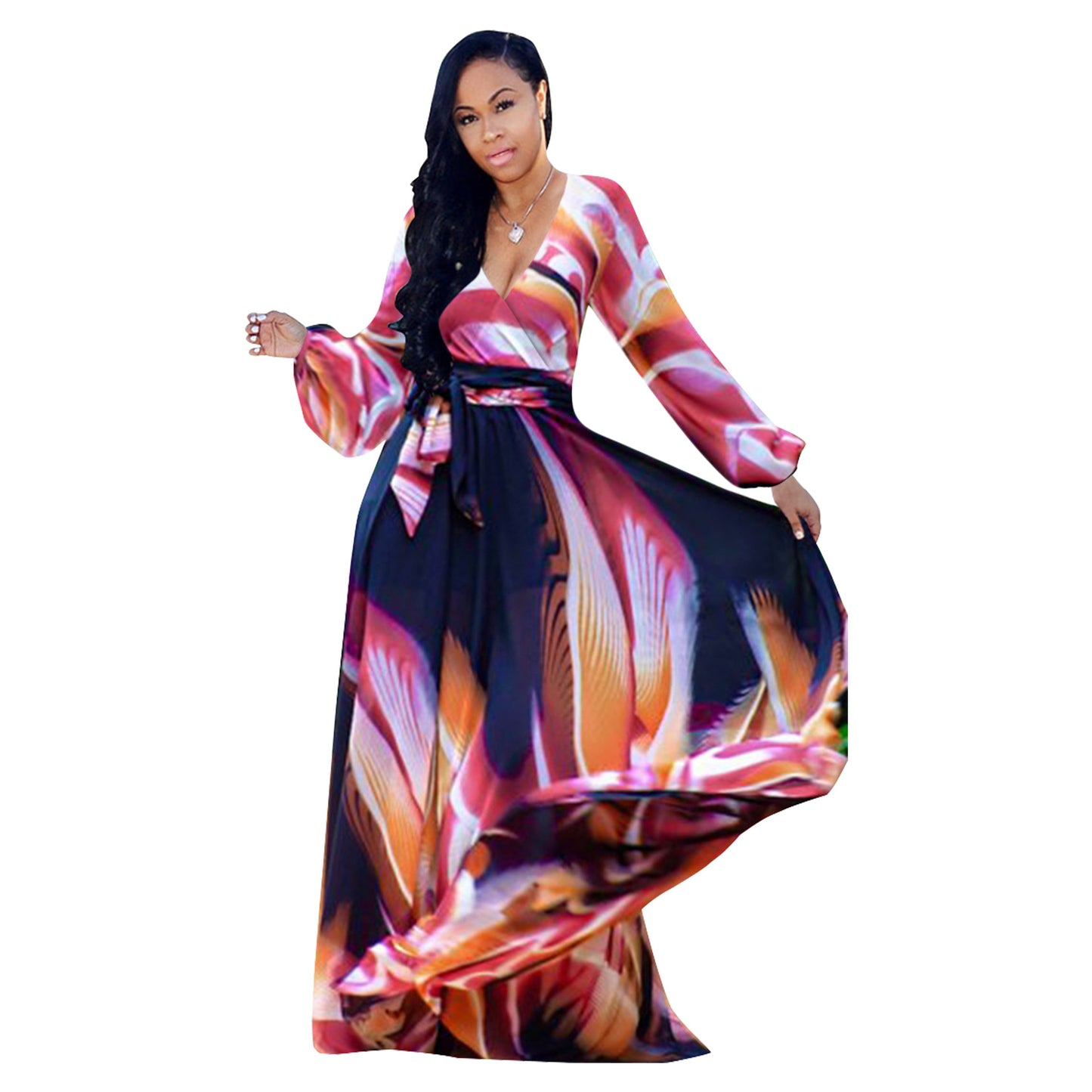 Vestido holgado informal de manga larga con cuello en V y estampado digital para mujer