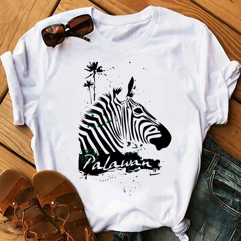 Camiseta informal de manga corta con estampado de cebra para mujer