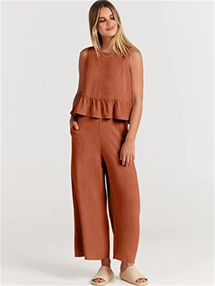 Conjunto de dos piezas de top informal sin mangas y pantalón ancho para mujer