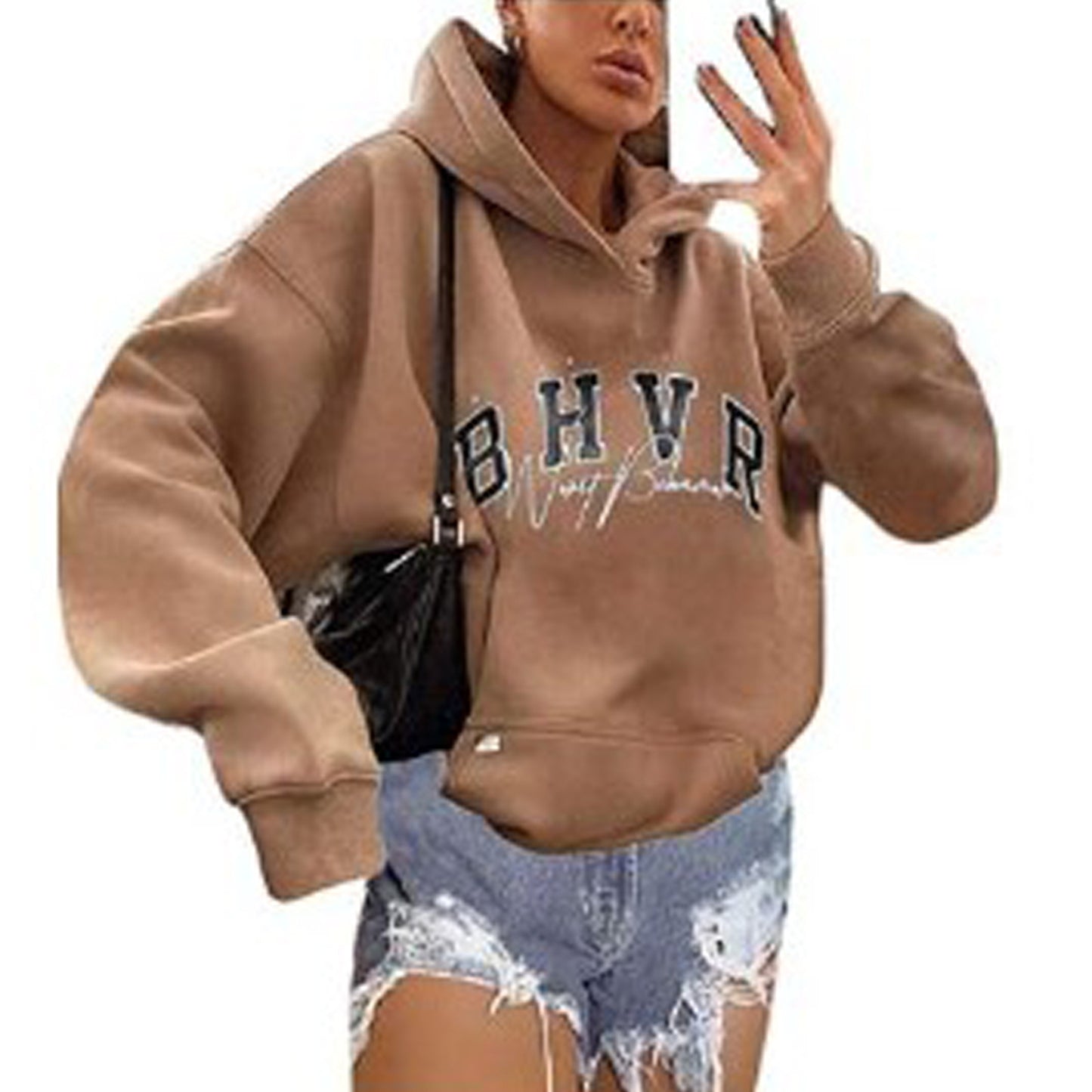 Women Fashion Casual Letter Printing Velvet Warm Long Sleeve Hooded Sweatshirt