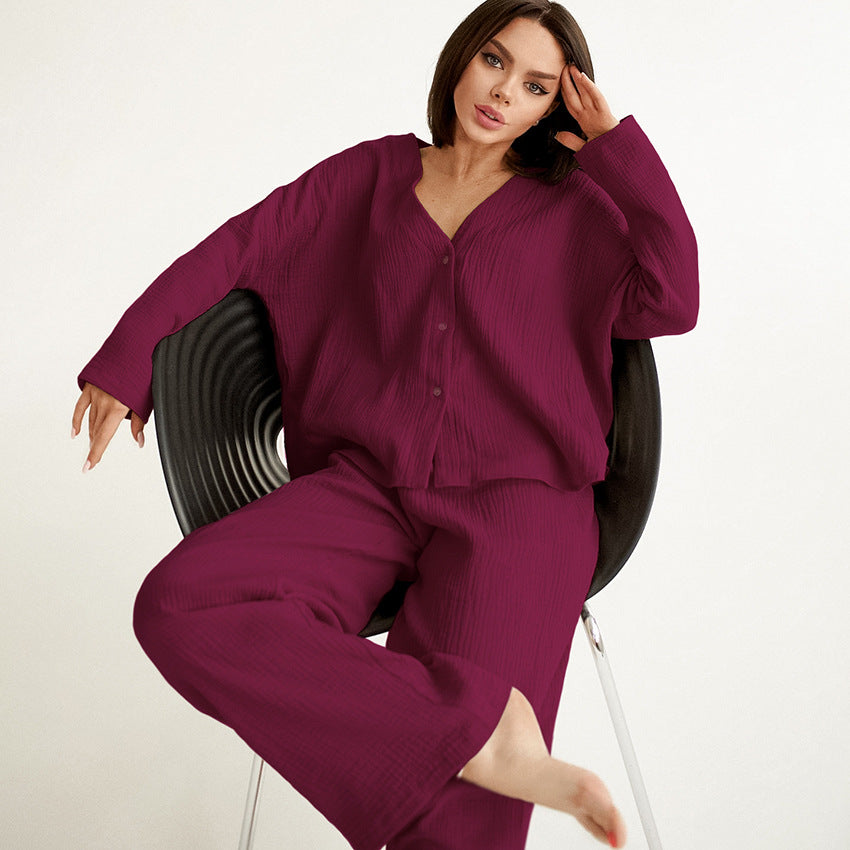 Conjunto de pijama de dos piezas para mujer, informal, holgado, de algodón, color liso, blusa y pantalones para el hogar
