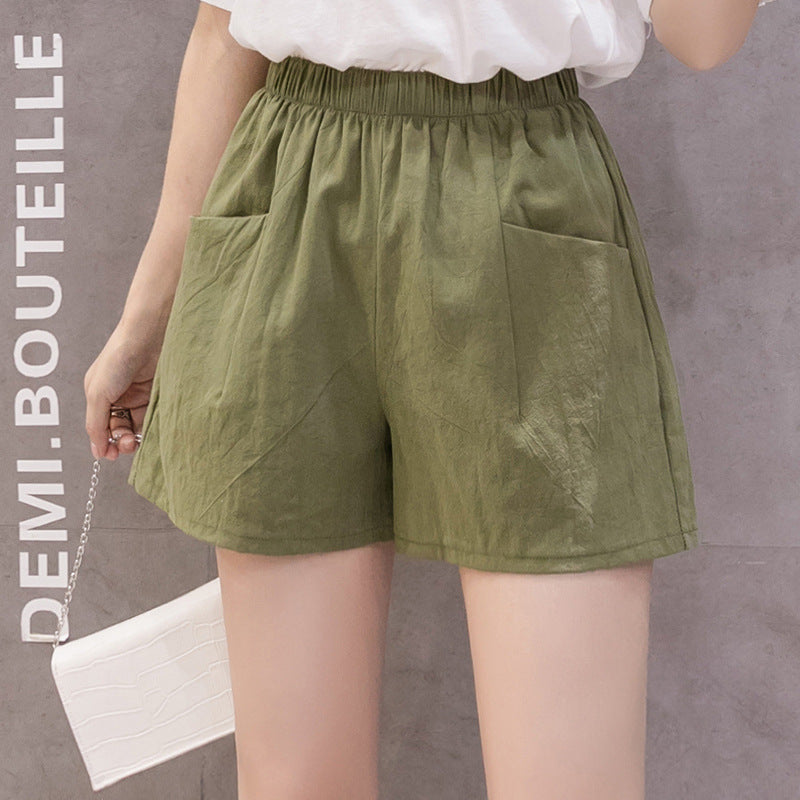 Women Fashion Casual Solid Color Cotton Linen High Waist Shorts