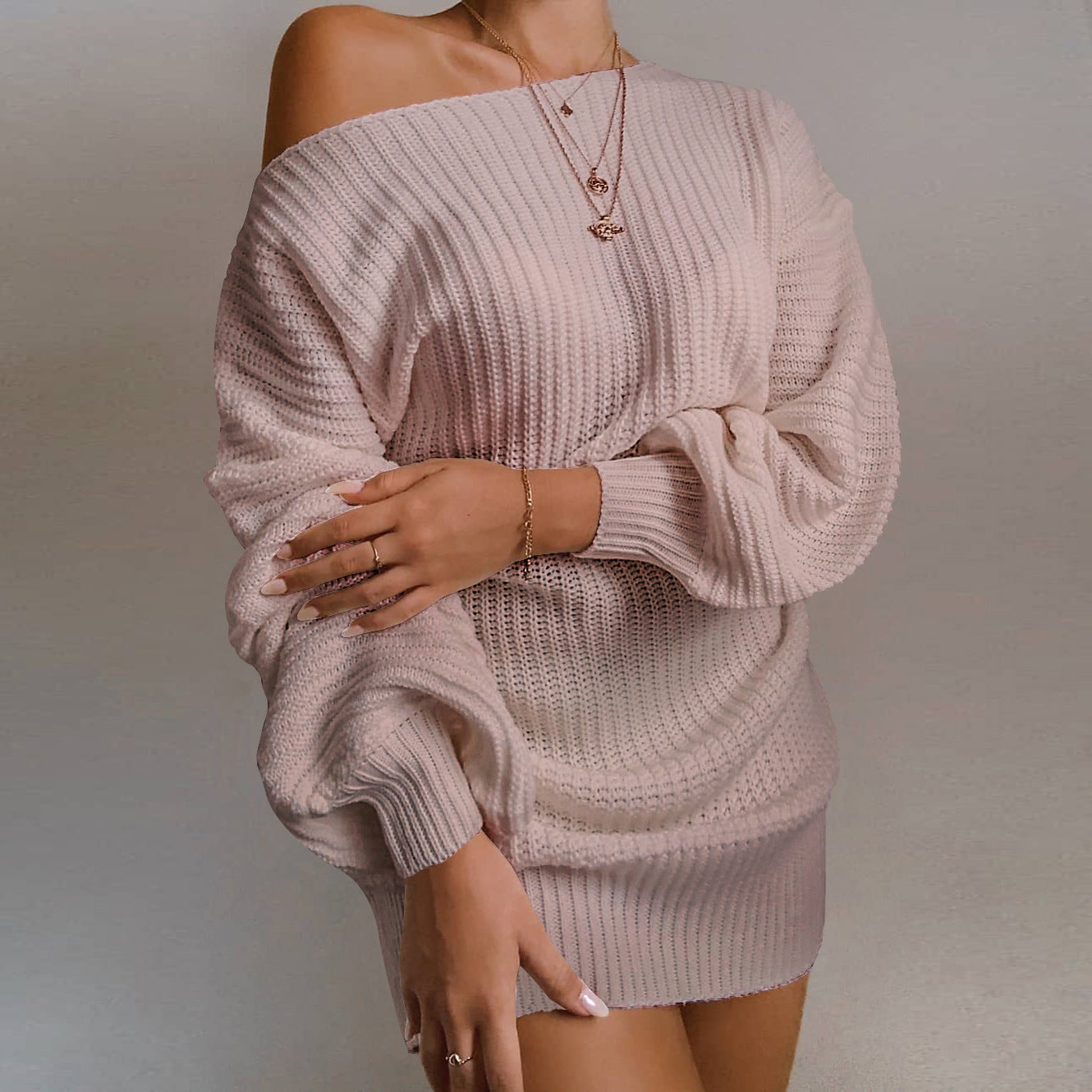 Autumn And Winter Women Casual Off Shoulder Lantern Sleeve Knitted Sweater Dress