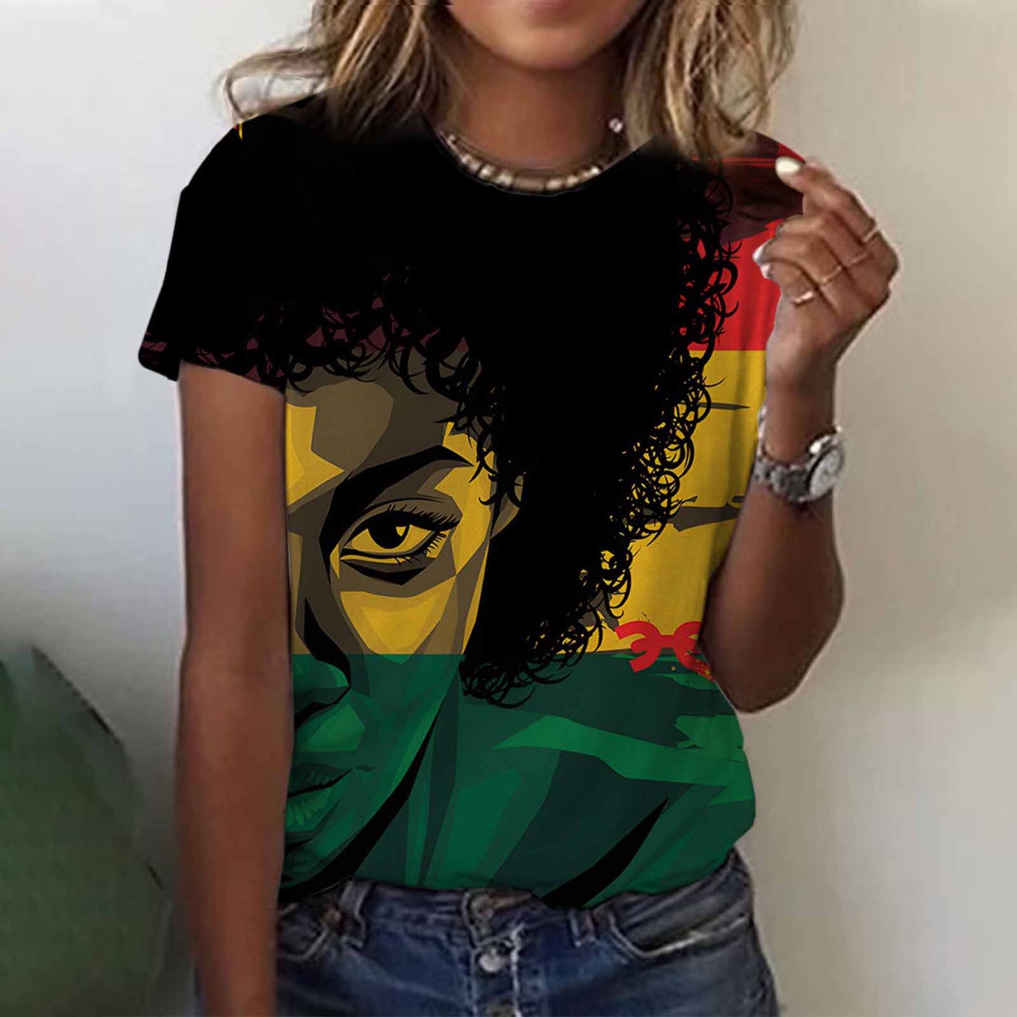 Camiseta informal de manga corta con cuello redondo para mujer, con estampado digital 3D del Día de la Liberación Negra de Juneteenth
