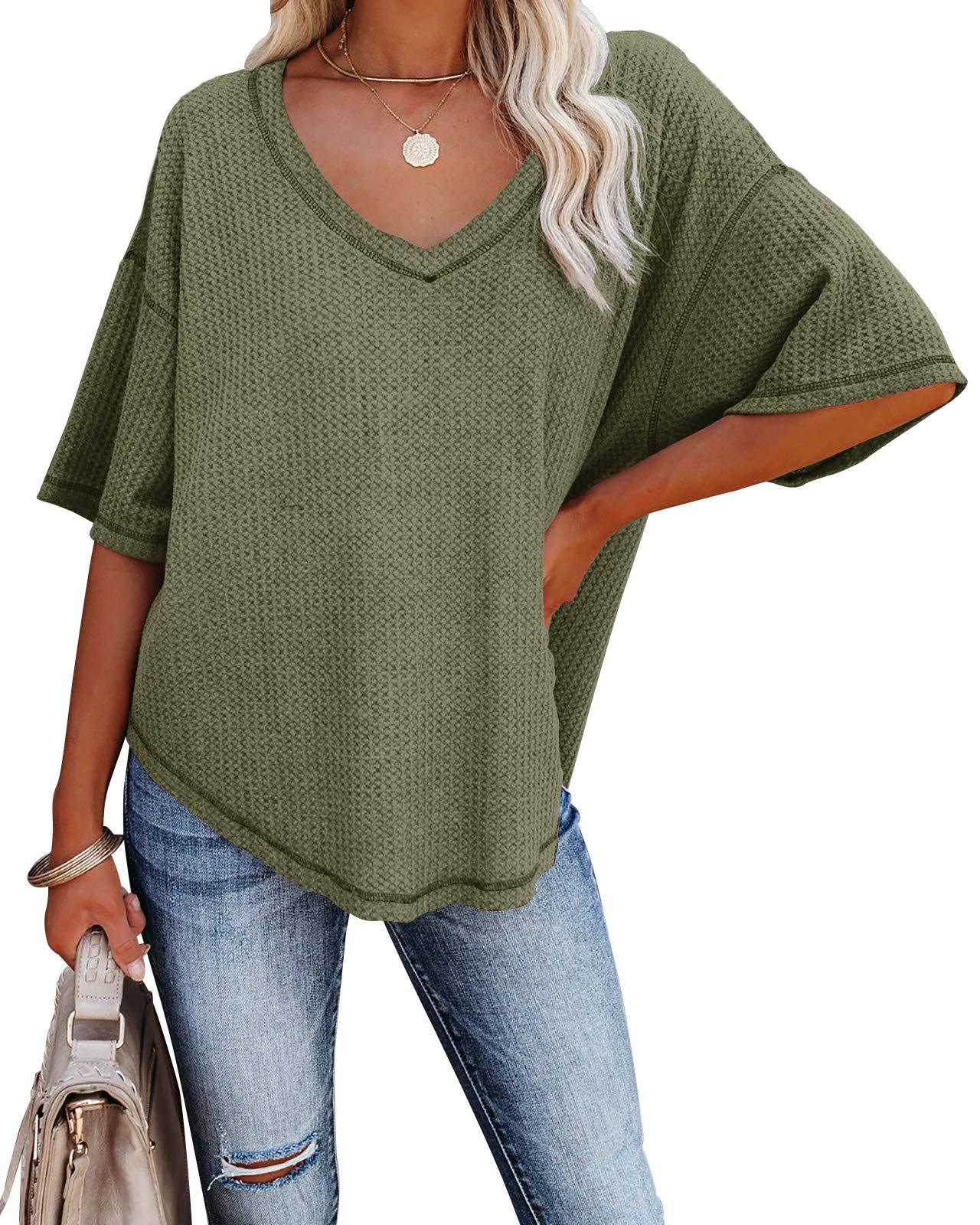 Women Casual V Neck Solid Color Crop Sleeve Knitwear
