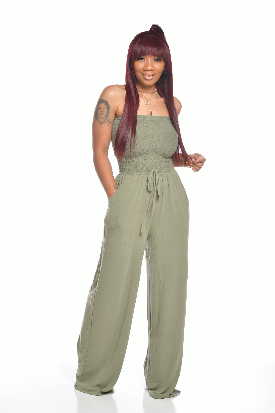 Women Casual Flat Shoulder Wrap Chest Wide Leg Jumpsuit
