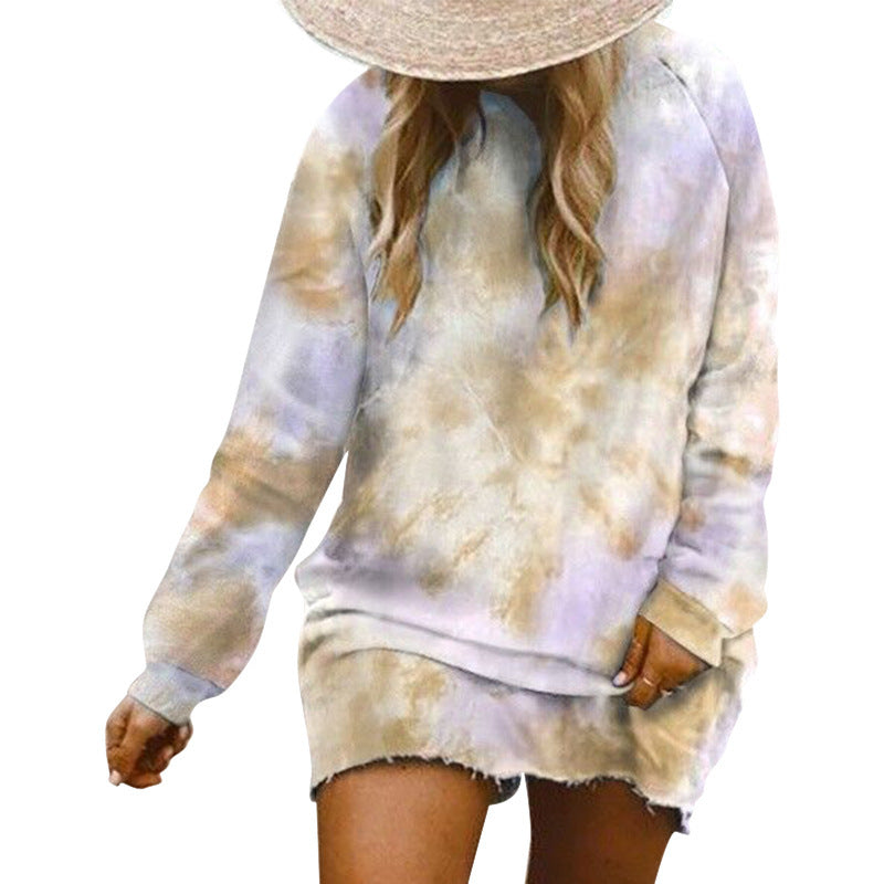 Women Fashion Casual Tie-Dye Printed Loose Long Sleeve Dress