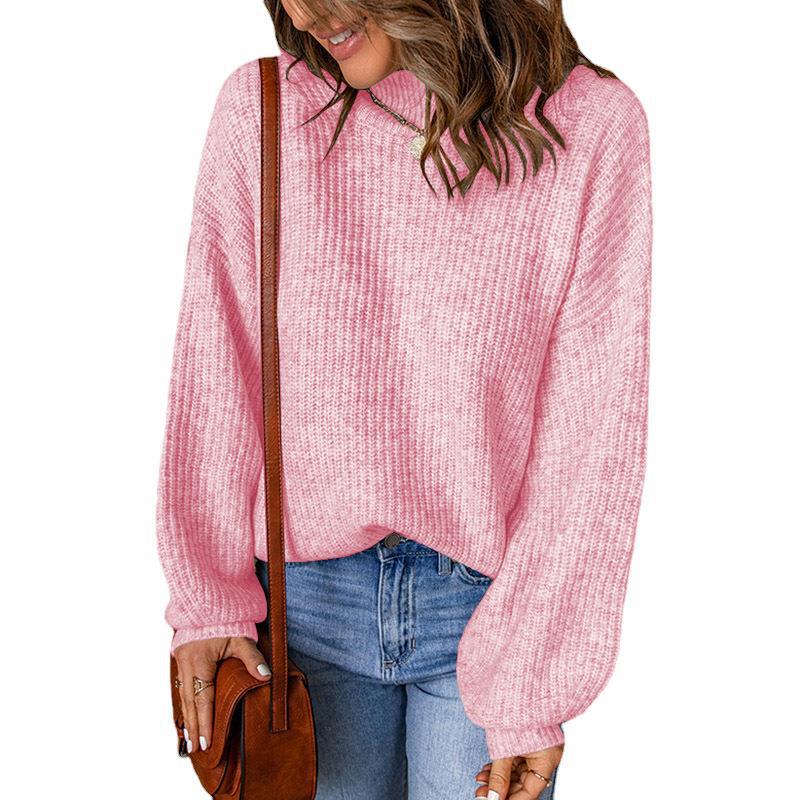 Suéter informal holgado de punto con cuello alto y mangas abullonadas de color liso para mujer de invierno