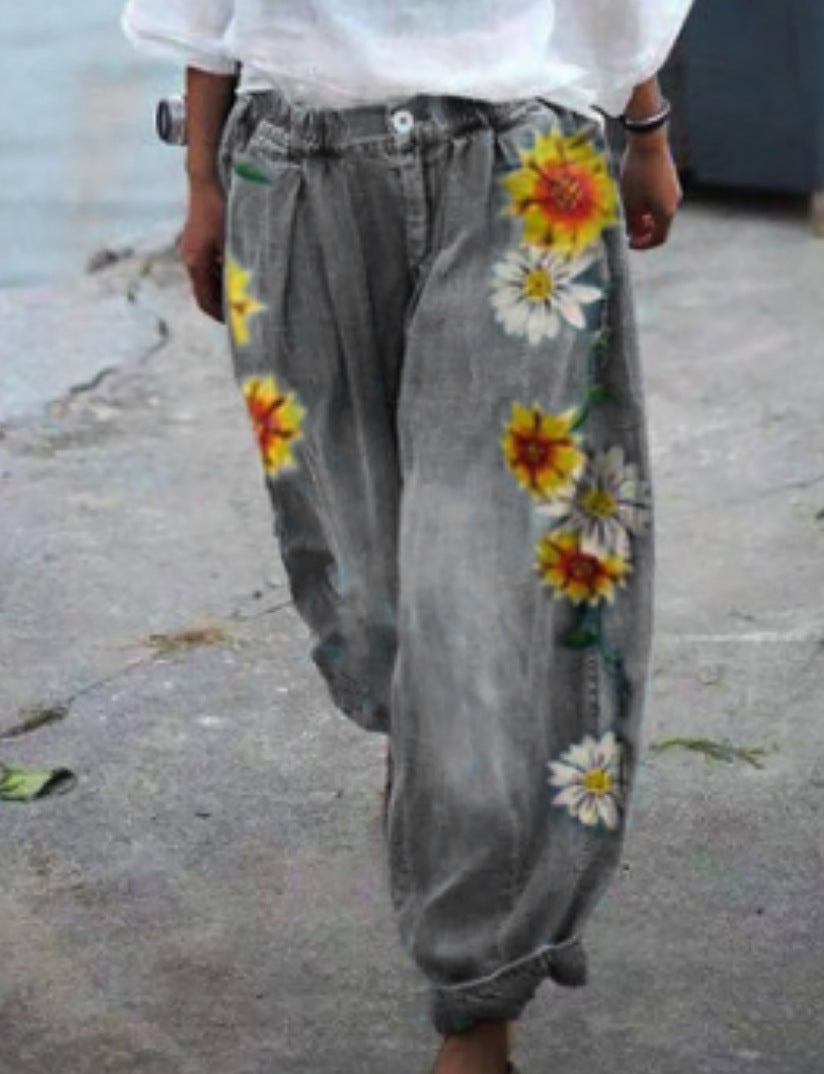 Vaqueros holgados con bordado floral informal vintage de moda para mujer