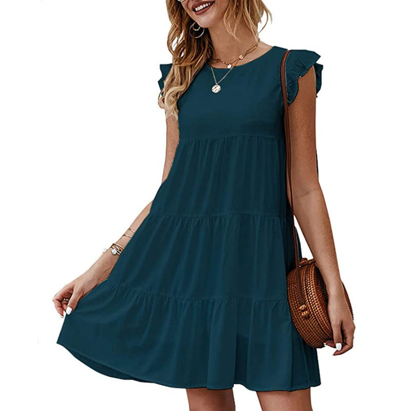 Vestido informal de verano para mujer, color liso, cuello redondo, plisado, amplio y holgado