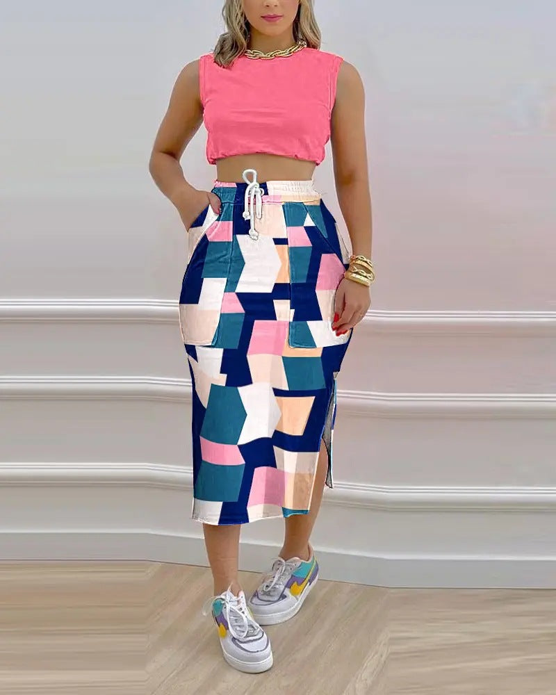 Women Fashion Casual Sleeveless Crop Tank Top And Side-slit Bodycon Skirt Set