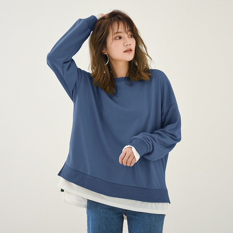 Women Fashion Casual Solid Color Fake Two-Piece Long Sleeve Crewneck Sweatshirt