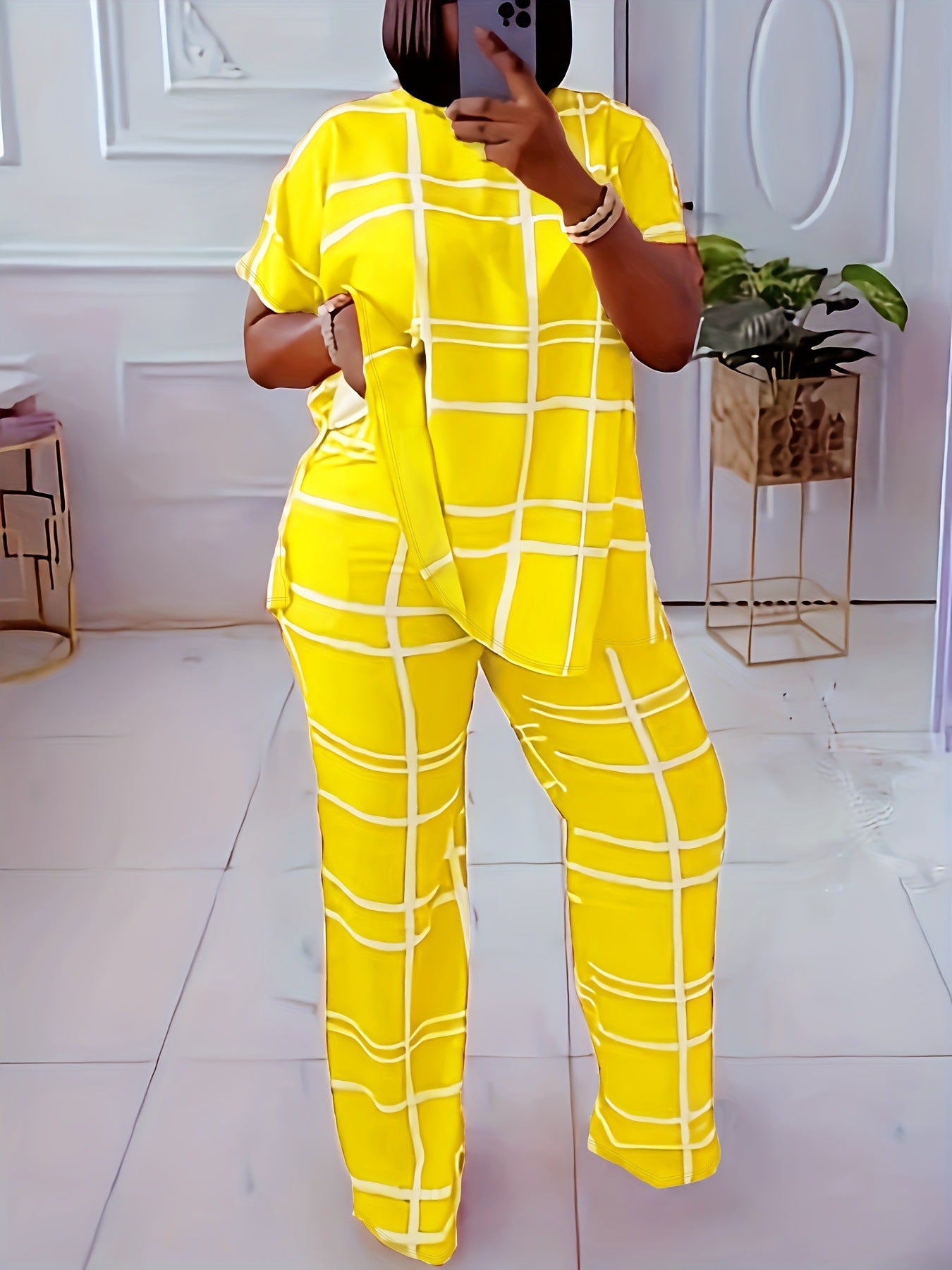 Conjunto de dos piezas informal de talla grande para mujer, con estampado a cuadros, manga corta, pantalones anchos