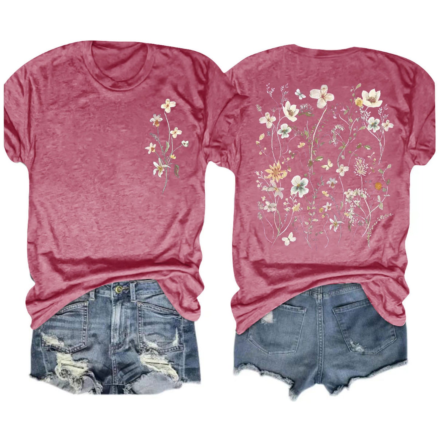 Camiseta informal de manga corta con cuello redondo y estampado floral para mujer