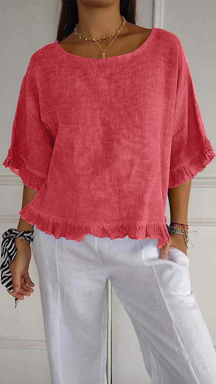 Camisa de lino y algodón con cuello redondo de color liso informal de verano para mujer