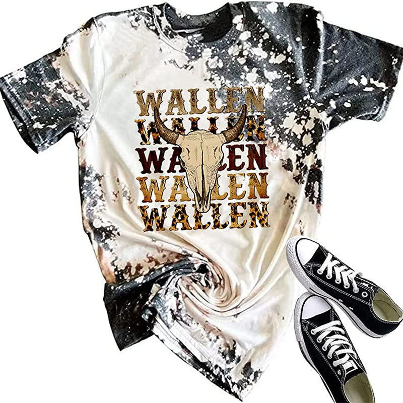 Camiseta informal de verano para mujer con estampado de cabeza de buey occidental, cuello redondo y manga corta