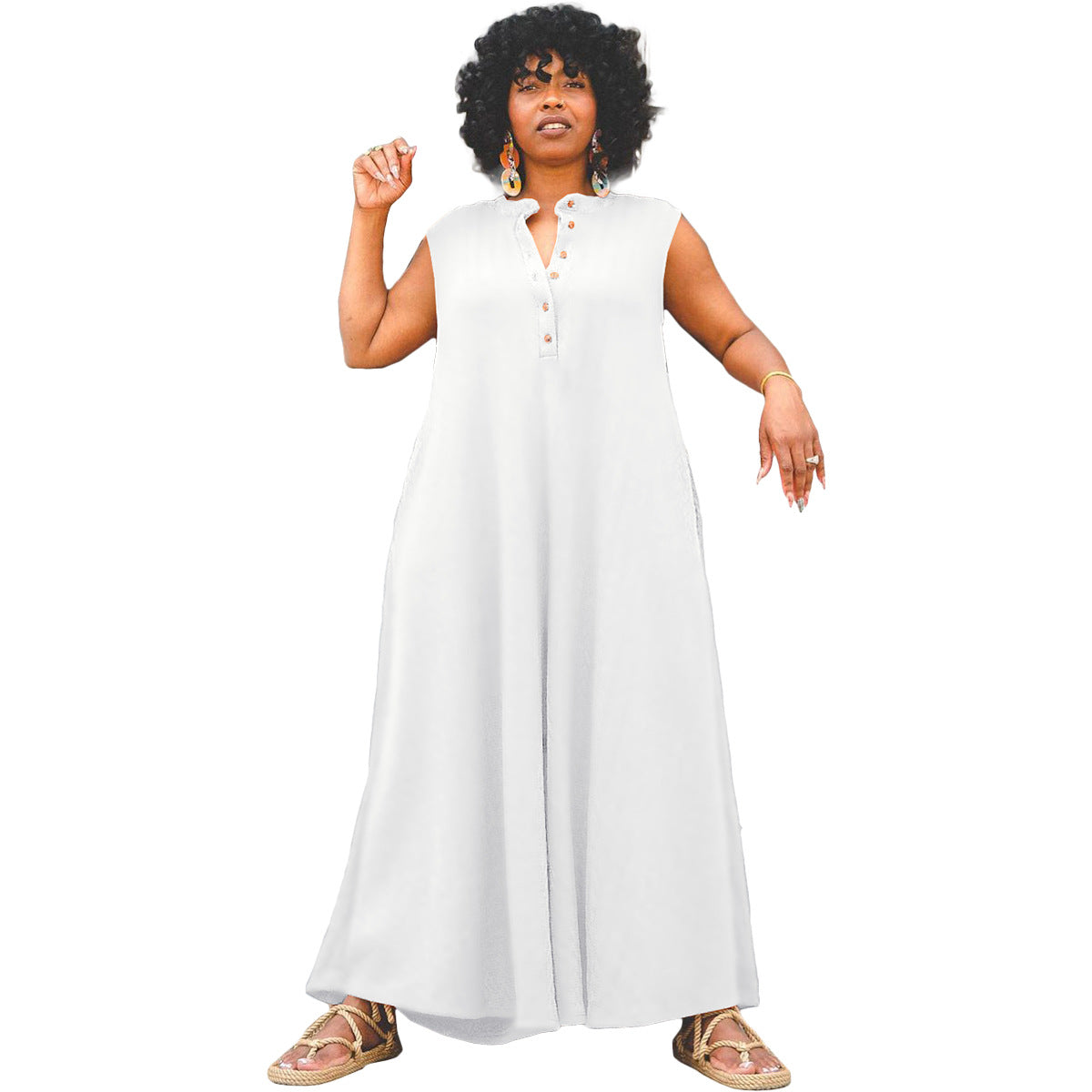 Women Fashion Casual Plus Size Solid Color Sleeveless Loose Jumpsuits
