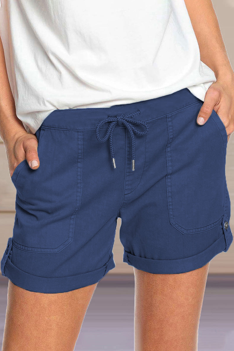 Women Fashion Casual Solid Color Elastic Waist Shorts